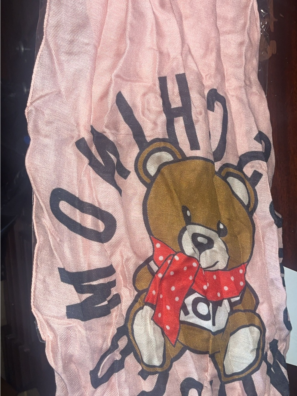 Moschino Pink Teddy Bear Bib with Red Polka Dot Bow